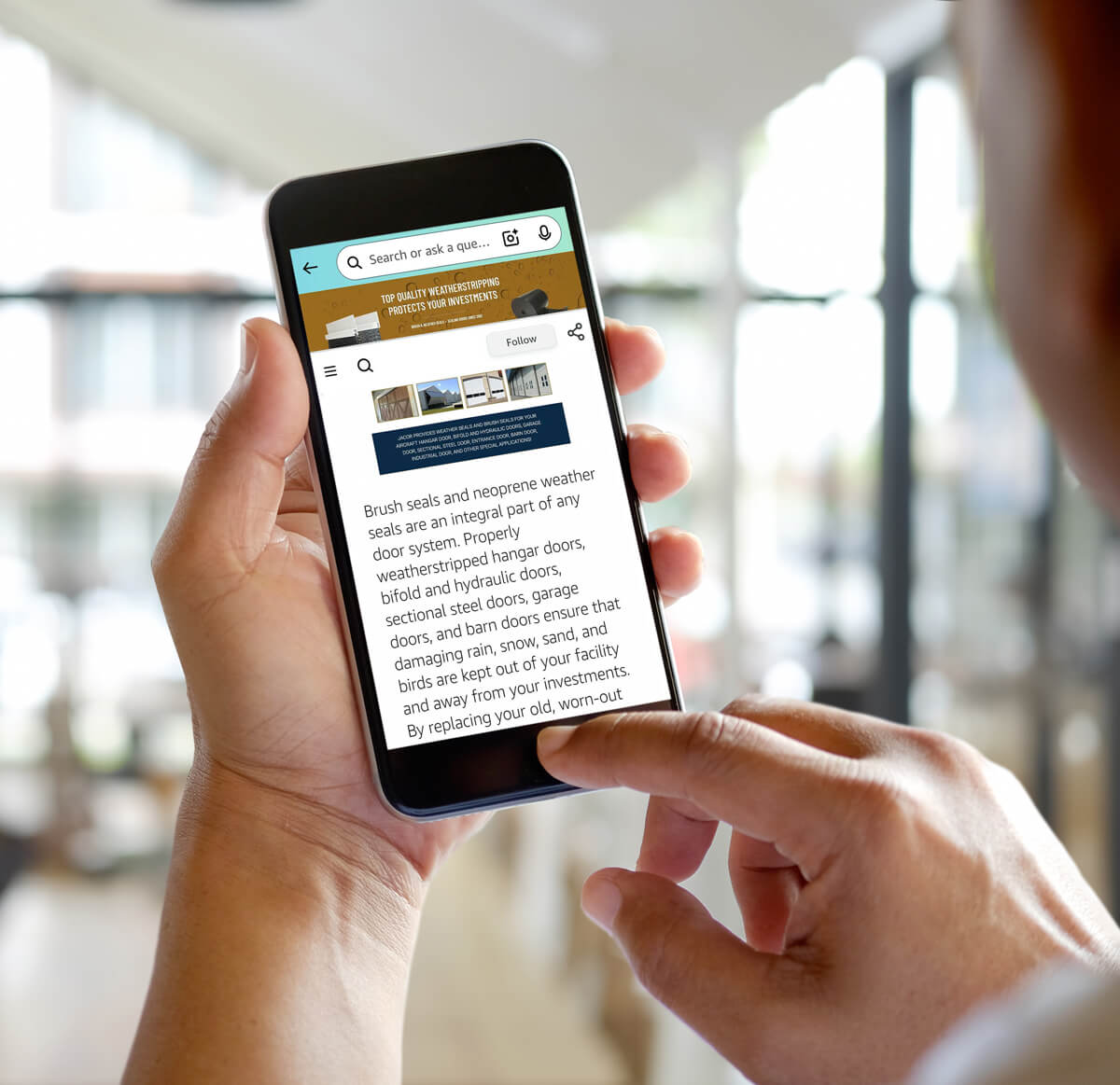 Image of an iPhone showing a brush seals and neoprene weather seals product page on Jacor's Amazon store.