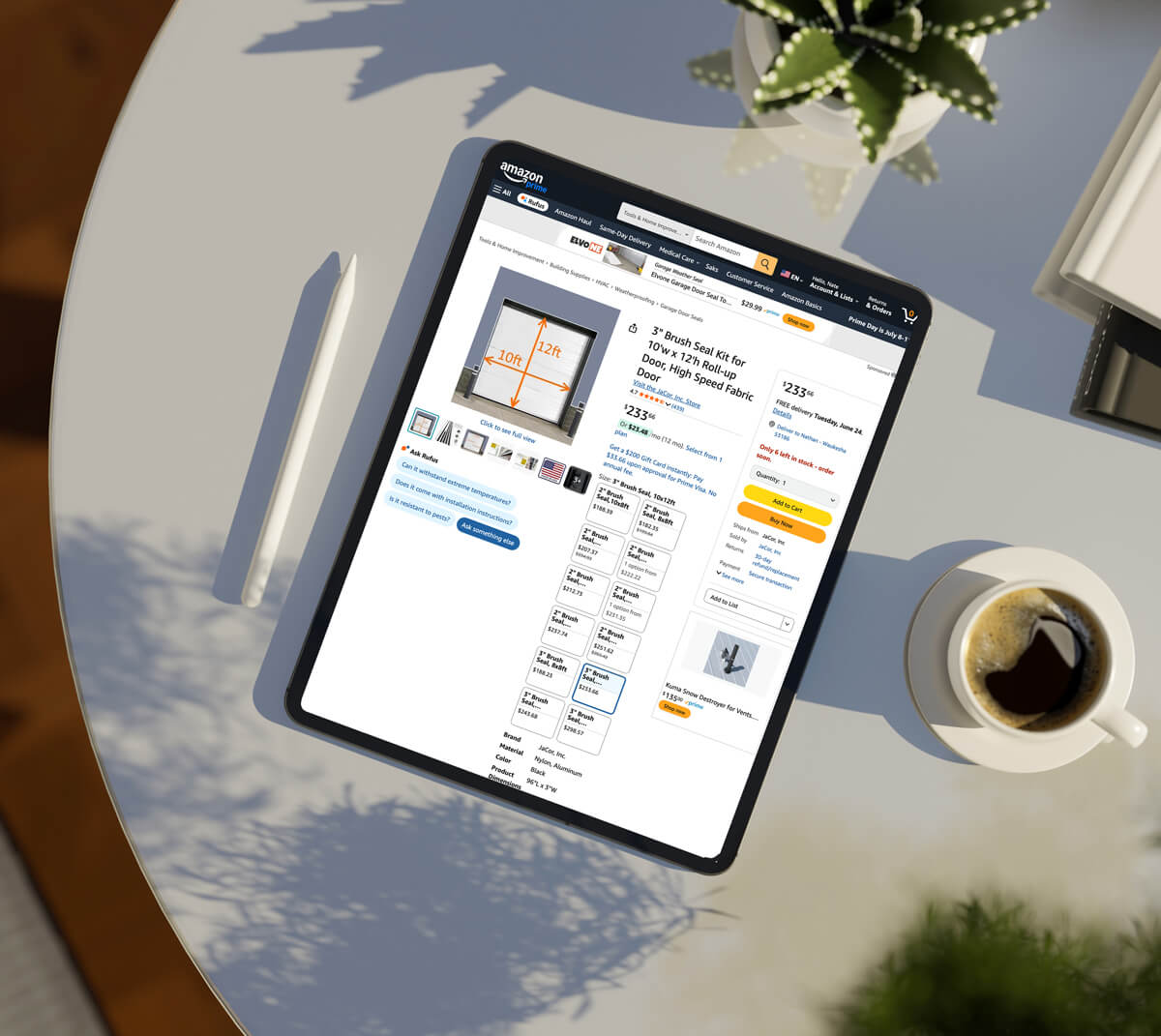 Image of an ipad showing the Jacor Amazon store page showing a 3" brush seal kit.