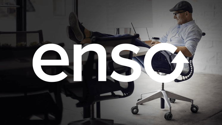 White enso logo over an image of a man in an office sitting on an enso chair working.