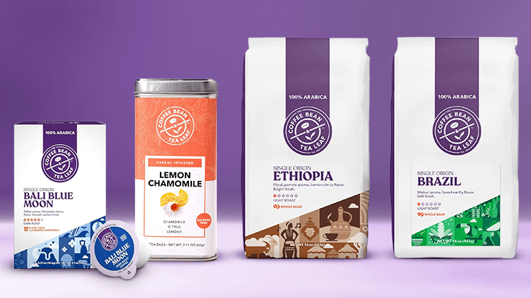Close-up of a smaller grouping of 4 of The Coffee Bean and Tea Leaf products in a row