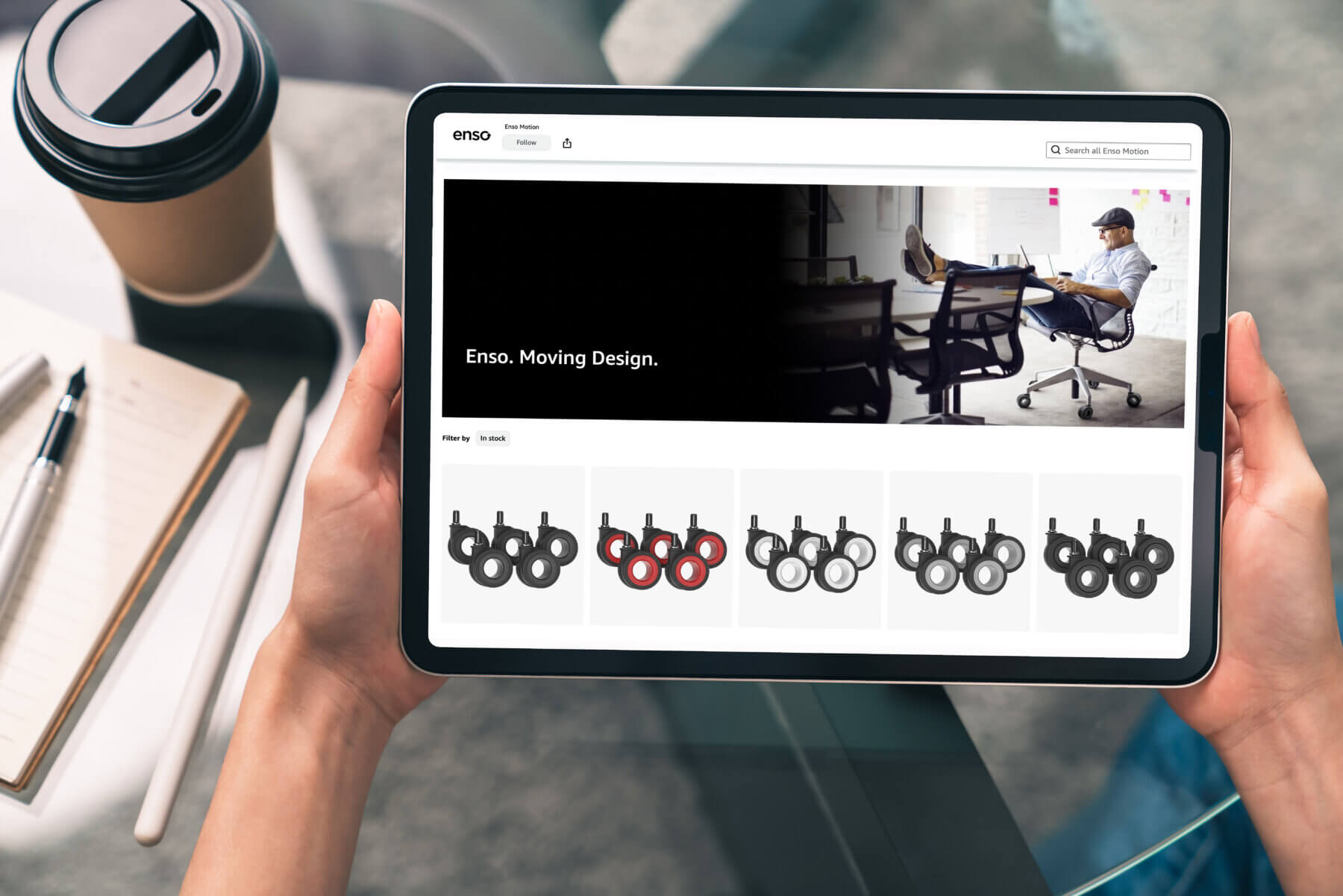 Image of an iPad showing the Amazon store front of the enso page.