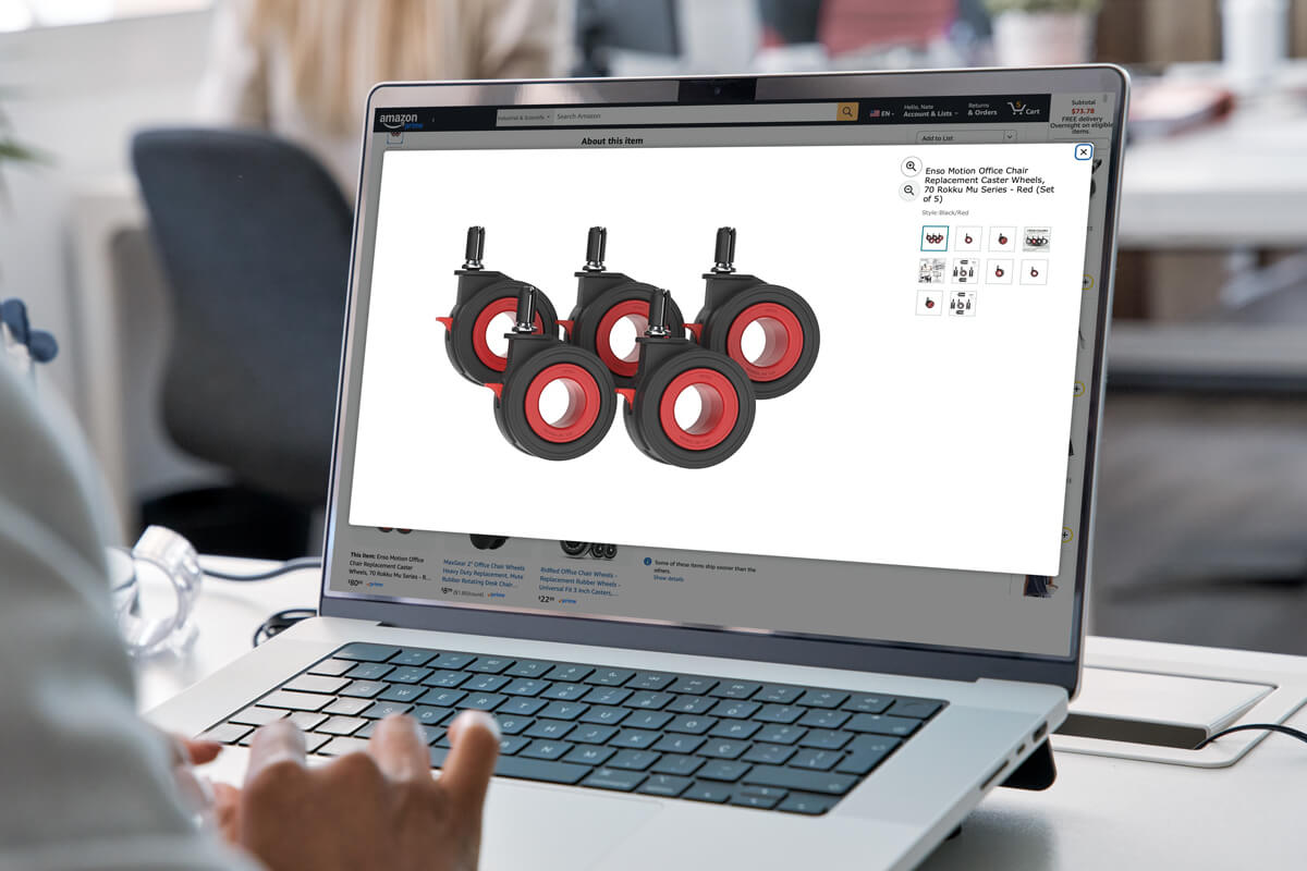 Image of a laptop showing the enso chair replacement wheels shopping page on Amazon.