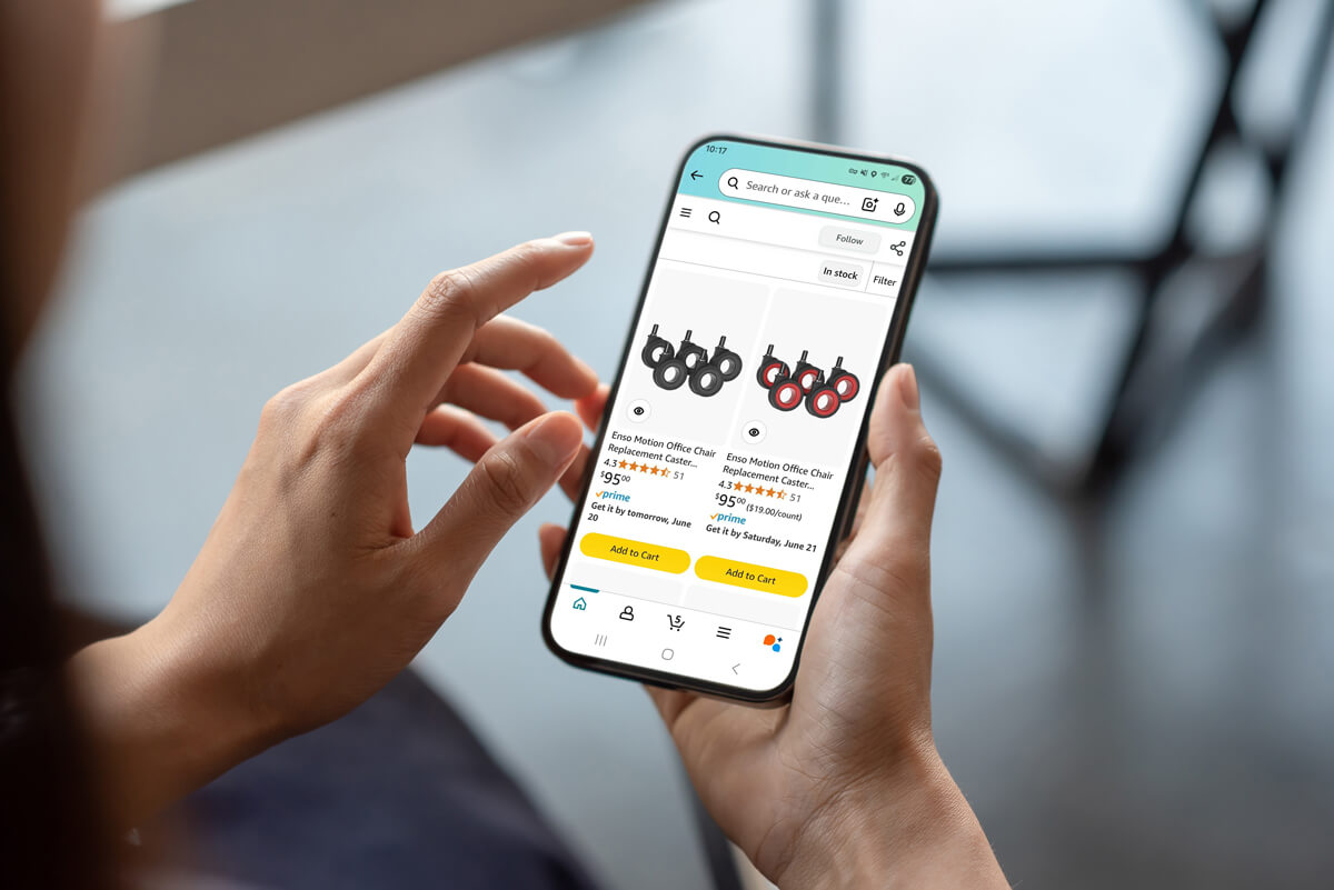 Image of an iPhone showing the Amazon results page of enso chair wheel options.