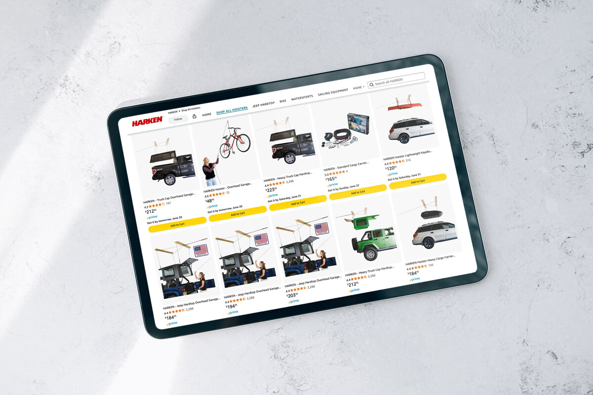 Image of an iPad showing an Amazon product results page featuring Harken's prducts.
