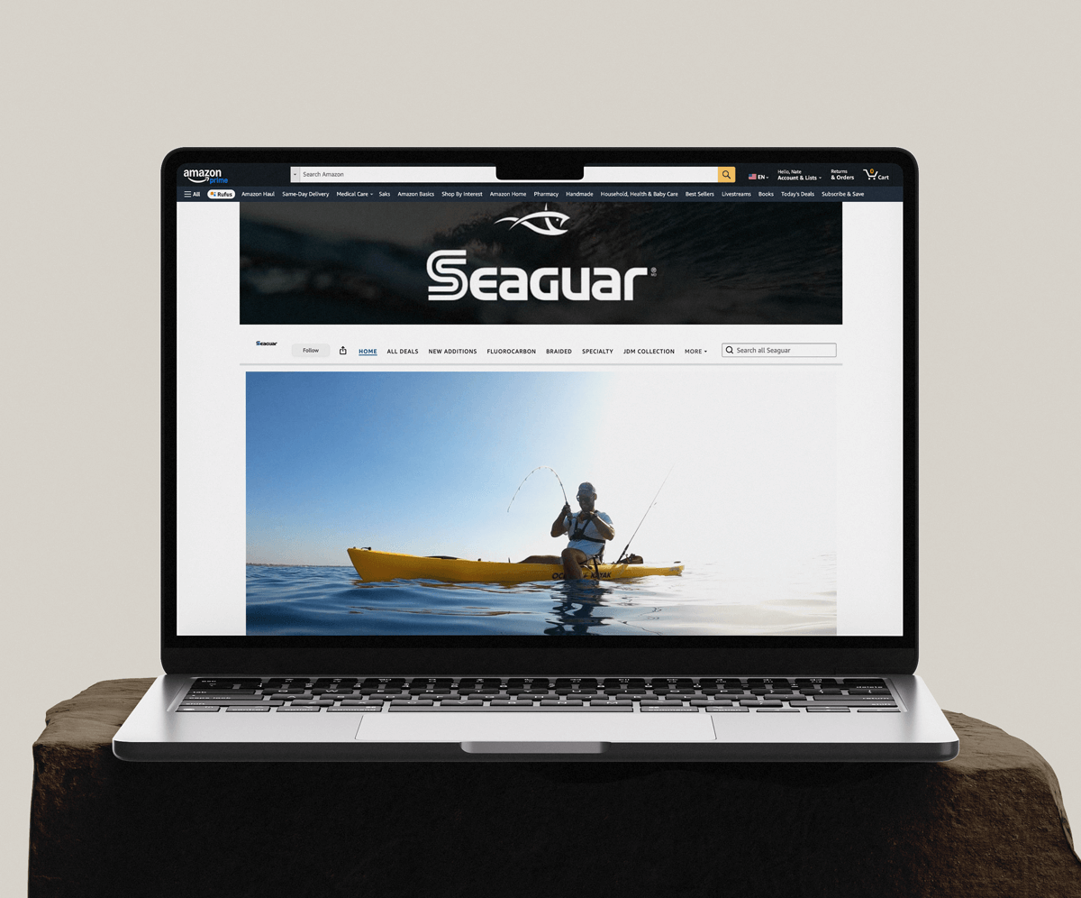 Image of a laptop showing the Seaguar Amazon store front landing page