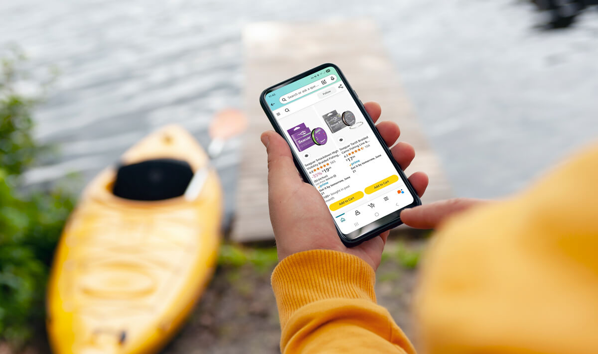 Image of an iPhone showing the Amazon Seaguar Mainlines product page.
