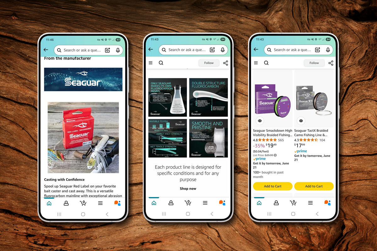 Three images of iPhones showing Seaguar product pages within Amazon's store pages.