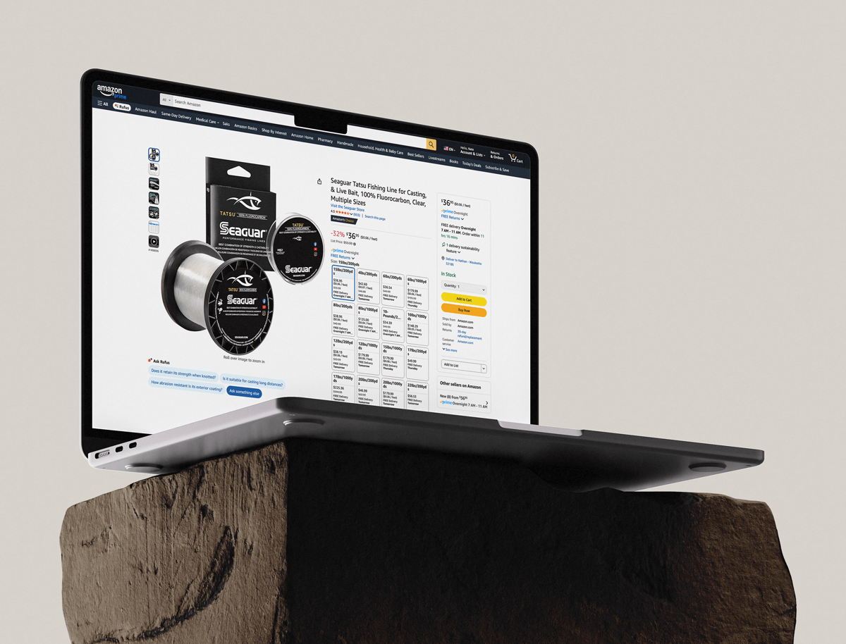 Image of a laptop showing the Seaguar Amazon Tatsu fishing line landing page