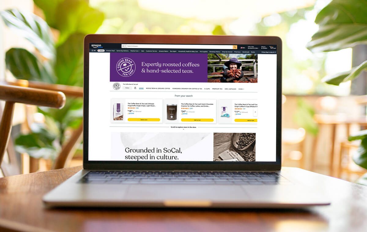 Image of a laptop showing The Coffee Bean and Tea Leaf Amazon store page.