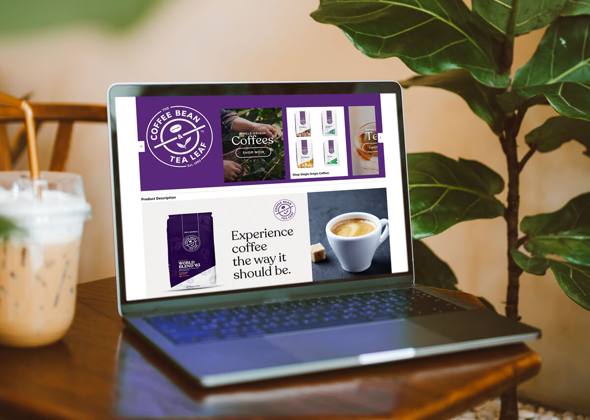 Image of a laptop showing The Coffee Bean and Tea Leaf Amazon coffee products page.
