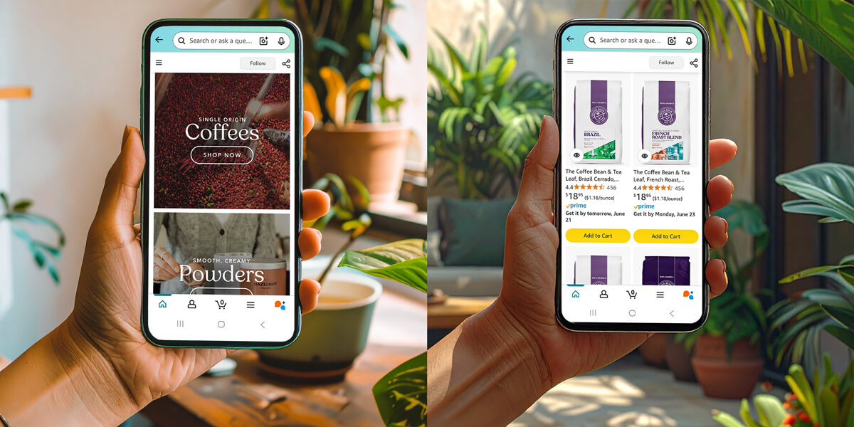 Two images of iPhones showing The Coffee Bean and Tea Leaf coffee product pages within Amazon's store pages.